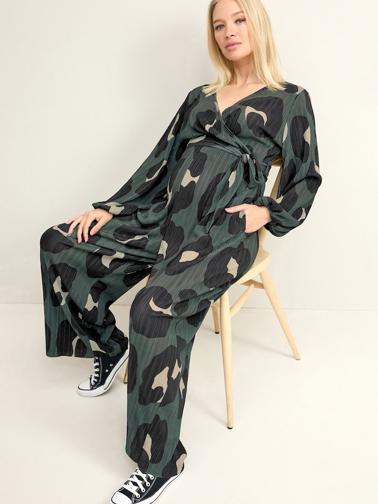 Khaki Green Animal Print Maternity Plissé Jumpsuit - Image 2 of 7