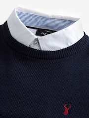 Navy Blue Oxford Crew Neck Regular Mock Shirt Jumper - Image 6 of 7