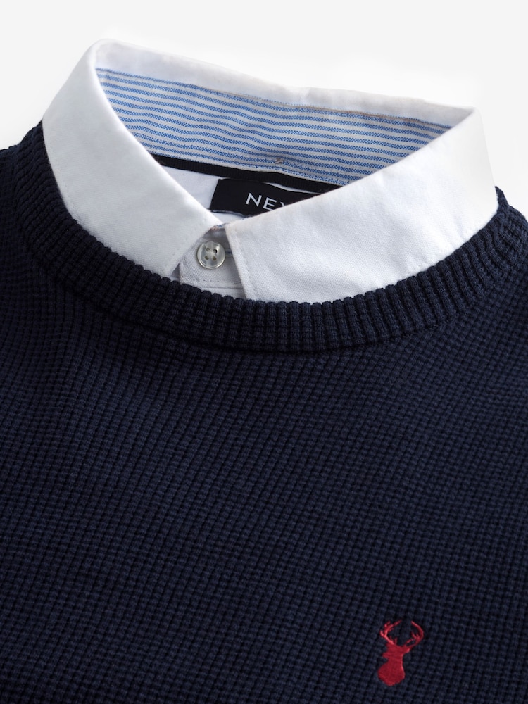 Marineblauw Oxford - Ronde hals - Trui met overhemdkraag in standaard pasvorm - Image 6 of 7