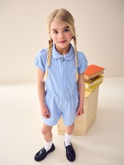 Blue Zip Front Cotton Rich Gingham School Playsuit (3-14yrs) - Image 1 of 5