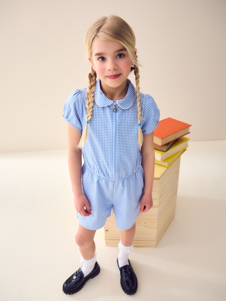 Blue Zip Front Cotton Rich Gingham School Playsuit (3-14yrs) - Image 1 of 5