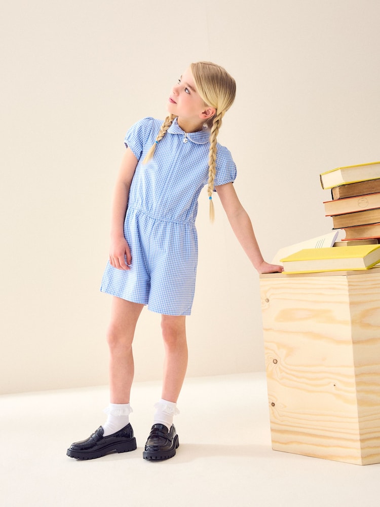 Blue Zip Front Cotton Rich Gingham School Playsuit (3-14yrs) - Image 2 of 5