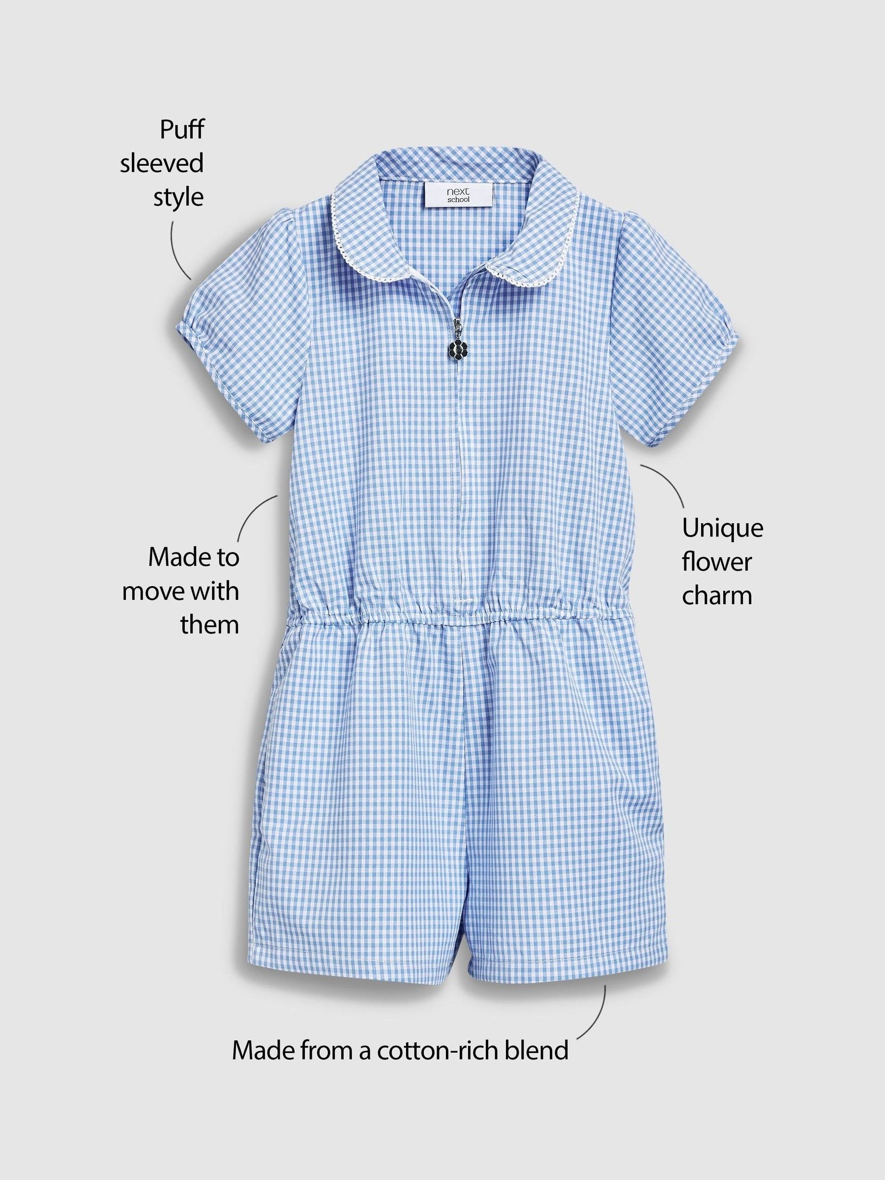 Buy Blue Zip Front Cotton Rich Gingham School Playsuit 3 14yrs from the Next UK online shop