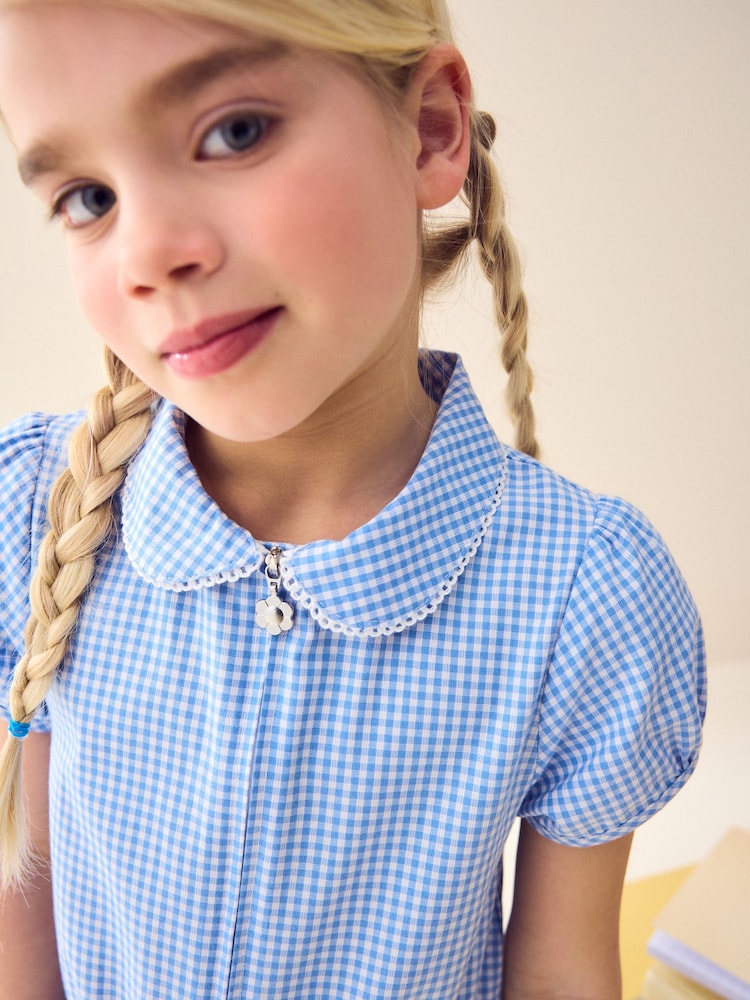 Blue Zip Front Cotton Rich Gingham School Playsuit (3-14yrs) - Image 5 of 5