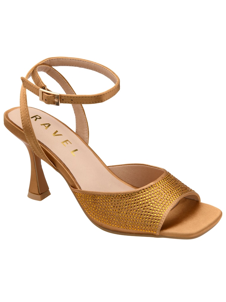 Ravel Gold Strappy Square Toe Satin And Diamante On A Shaped Heel Sandals - Image 1 of 4