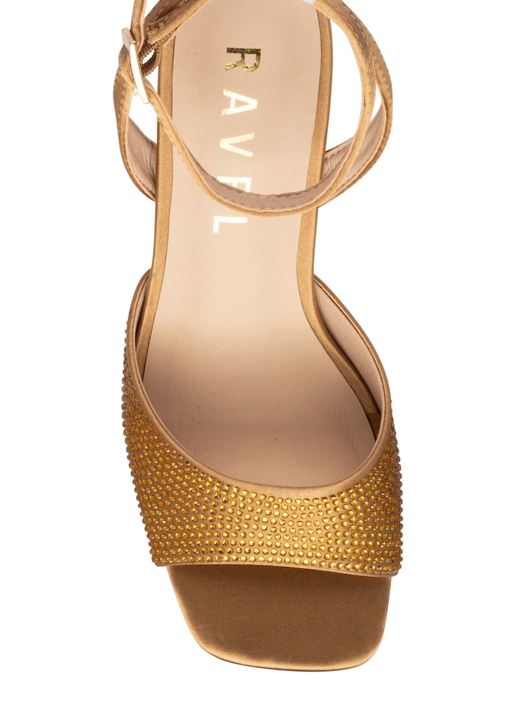 Ravel Gold Strappy Square Toe Satin And Diamante On A Shaped Heel Sandals - Image 4 of 4