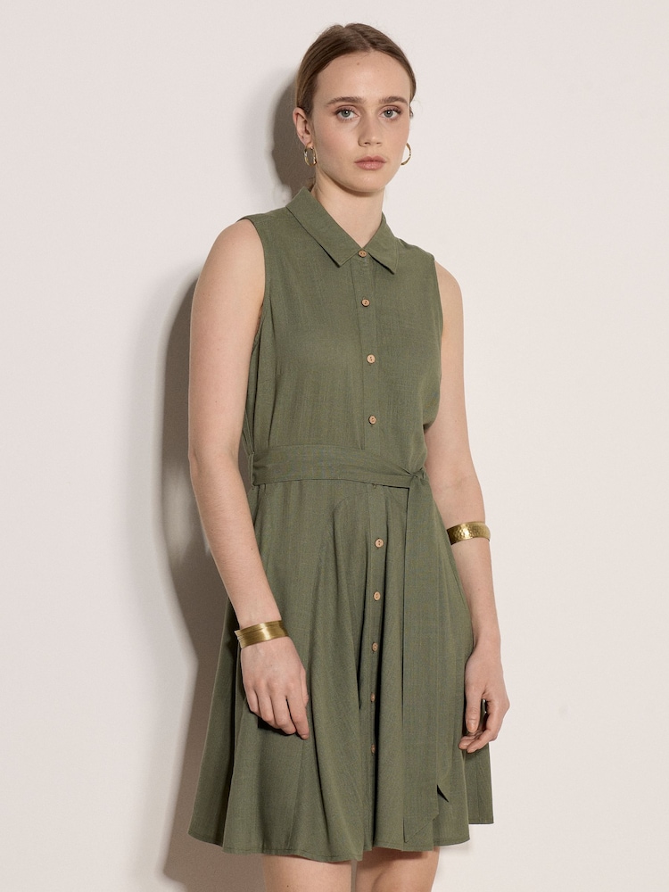 Apricot Green Linen Blend Shirt Mini Dress - Image 2 of 4
