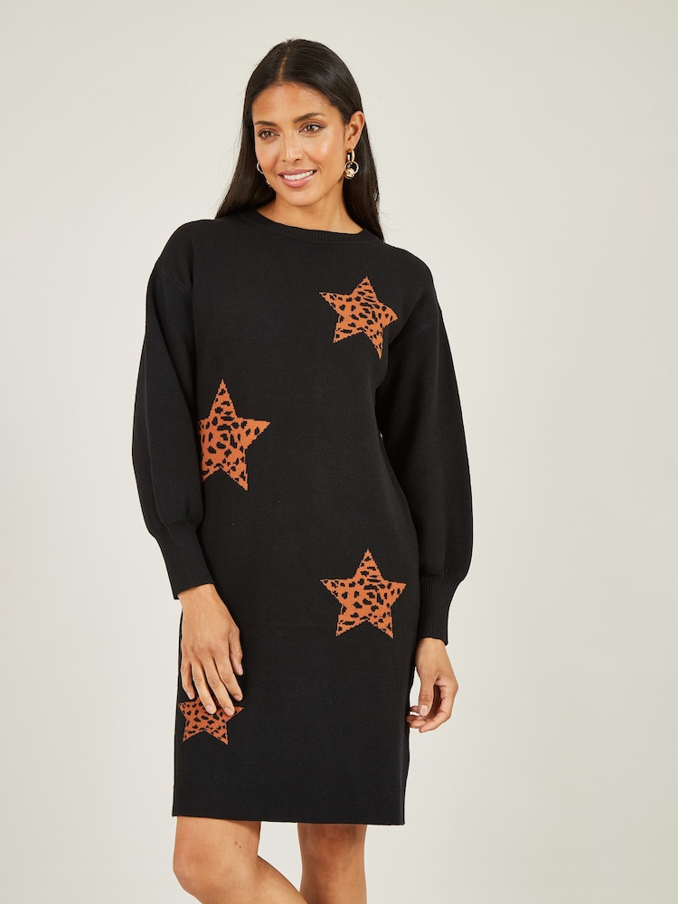 Yumi Black Relaxed Fit Intarsia Star Print Tunic Dress - Image 1 of 5