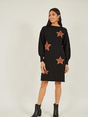 Yumi Black Relaxed Fit Intarsia Star Print Tunic Dress - Image 3 of 5