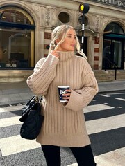 In The Style Brown Gemma Louise Miles High Neck Longline Jumper With Side Splits - Image 1 of 5