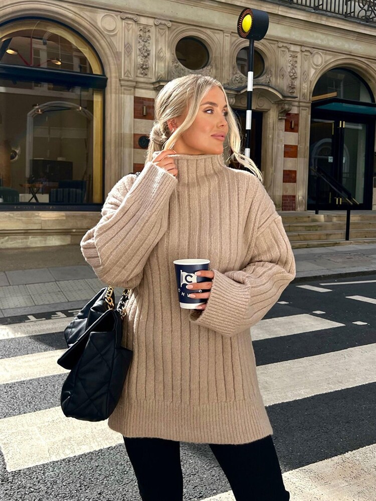 In The Style Brown Gemma Louise Miles High Neck Longline Jumper With Side Splits - Image 1 of 5