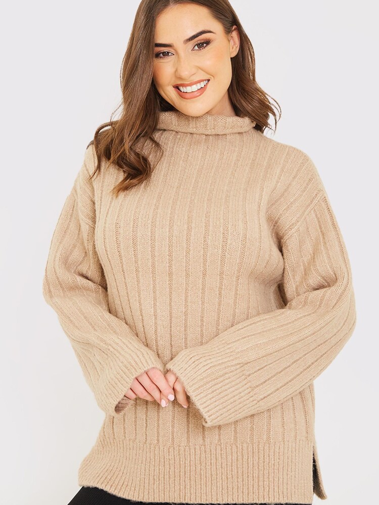 In The Style Brown Gemma Louise Miles High Neck Longline Jumper With Side Splits - Image 2 of 5