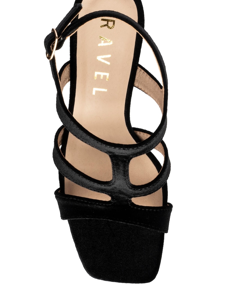 Ravel Black Strappy Square Toe Velvet Sandal On A Shaped Heels - Image 4 of 4 Ravel Black Strappy Square Toe Velvet Sandal On A Shaped Heels - Image 4 of 4