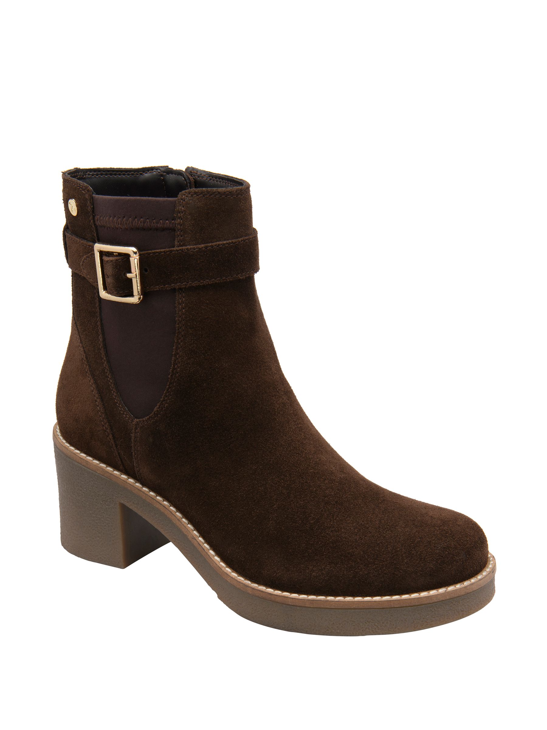 Ravel Women's Brown Suede Leather Ankle Boots With A Strap And Buckle On A Block Heel - Image 1