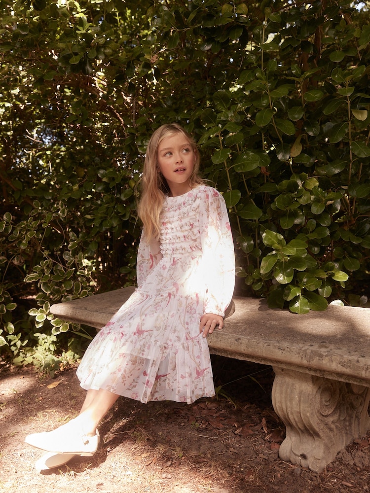 Laura Ashley White/Pink Long Sleeve Frill Mesh Dress - Image 8 of 8