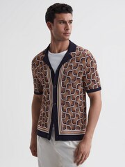 Reiss Navy Lotus Knitted Cuban Collar Shirt - Image 1 of 6