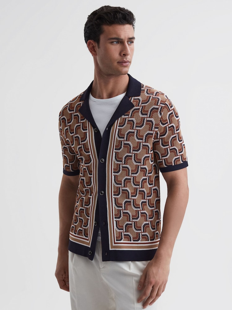 Reiss Navy Lotus Knitted Cuban Collar Shirt - Image 1 of 6