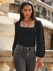 Sosandar Black Crochet Sleeve Knitted Top - Image 1 of 5