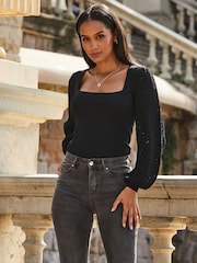 Sosandar Black Crochet Sleeve Knitted Top - Image 4 of 5