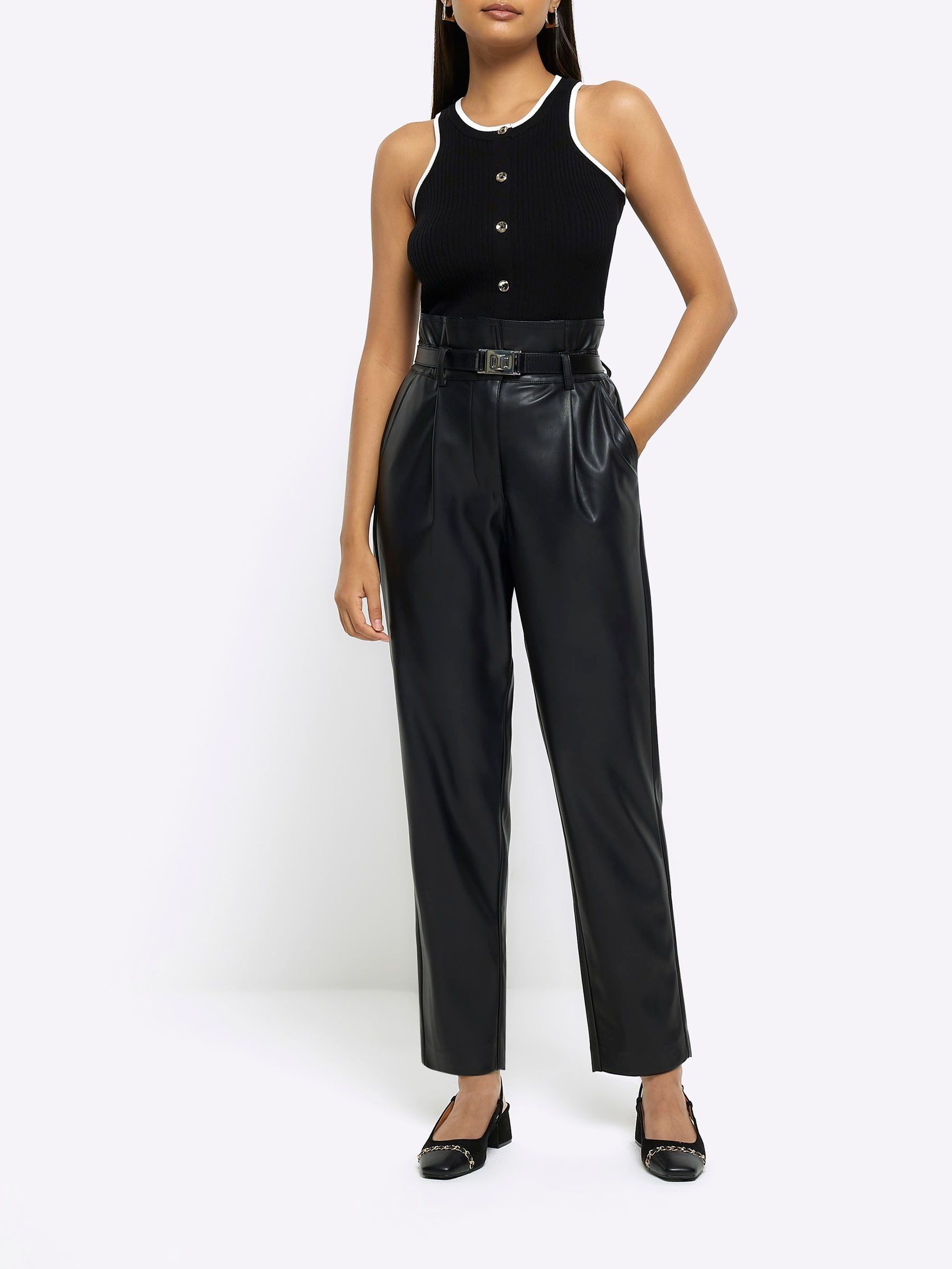 Buy River Island Black Faux leather Paperbag Waist Trousers from Next Luxembourg