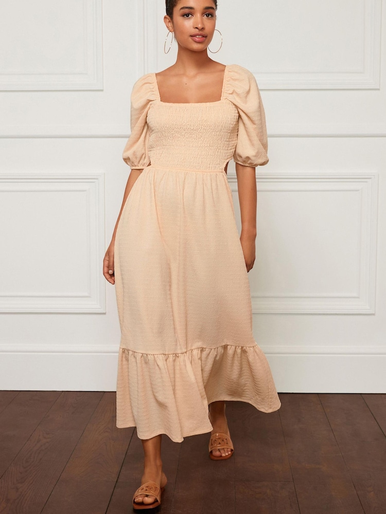 Ecru - Strukturiertes Midikleid aus Jersey mit Zierausschnitt - Bild 1 von 6