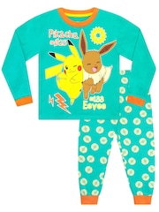 Character Green 100% Cotton Pokemon Pikachu and Eevee Pyjamas - Image 1 of 10