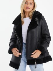 Quiz Black Shearling Aviator Jacket - Image 1 of 7
