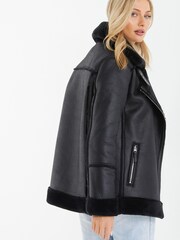 Quiz Black Shearling Aviator Jacket - Image 2 of 7