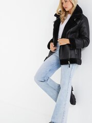 Quiz Black Shearling Aviator Jacket - Image 3 of 7