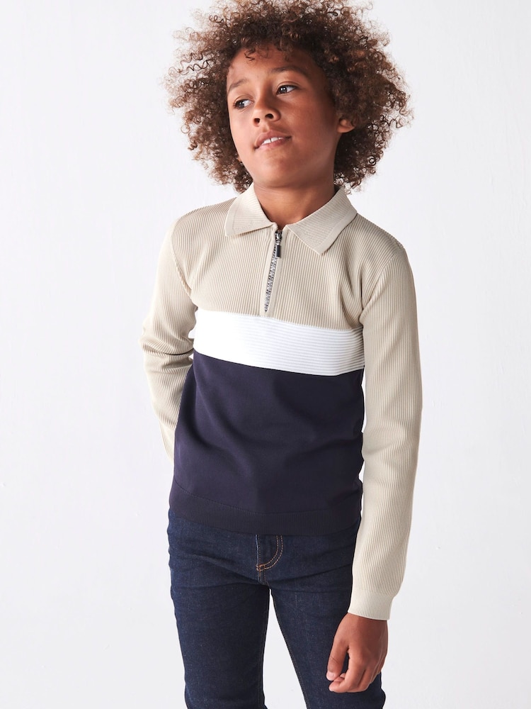 River Island Blue Boys 100% Cotton Blocked Stitch Polo Jumper - Image 1 of 5