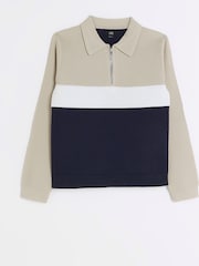 River Island Blue Boys 100% Cotton Blocked Stitch Polo Jumper - Image 2 of 5