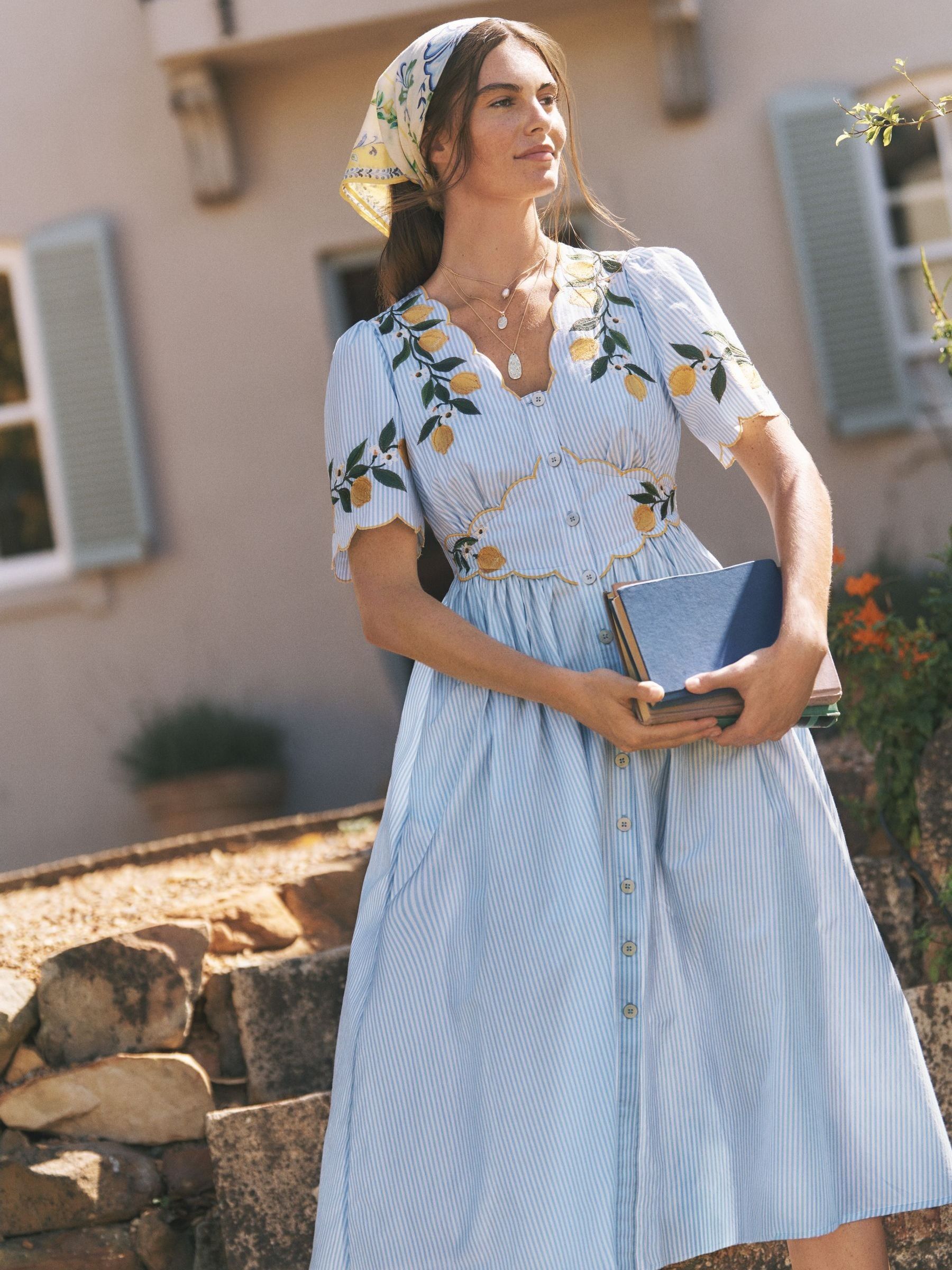 Buy Monsoon Blue Marisol Lemon Embroidered Stripe Midi Dress from
