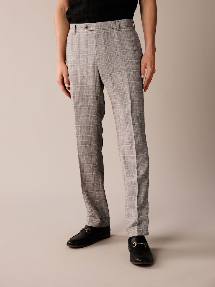 Neutral Tailored Fit Linen Check Suit: Trousers - Image 1 of 9