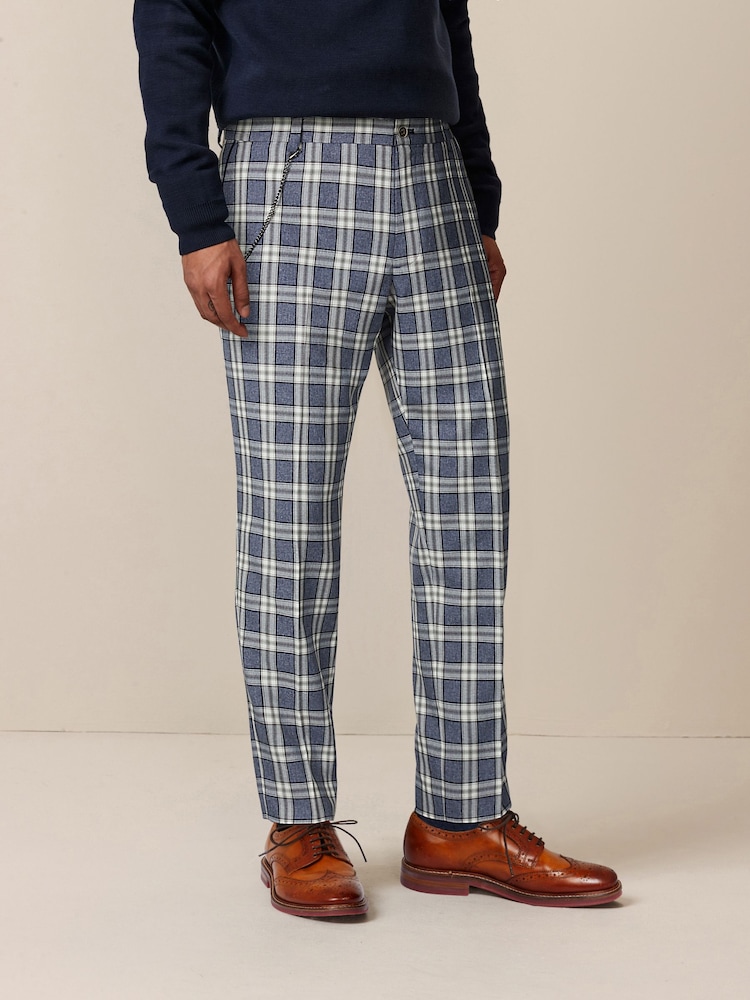 Blue and White Slim Fit Check Smart Trousers - Image 1 of 9