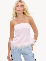 LOAVIES Pink Falling For You Strapless Top With Feathers - Image 1 of 3