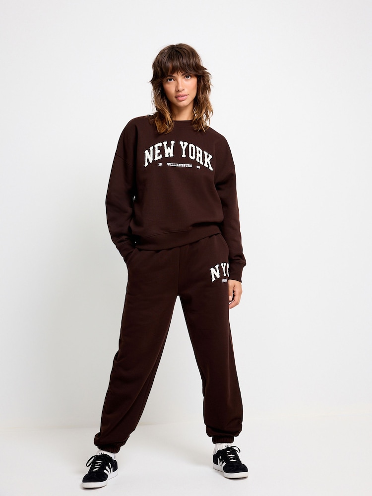 Chocolate Brown Bouclé New York City Graphic Slogan Sweatshirt - Image 2 of 6