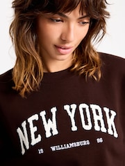Chocolate Brown Bouclé New York City Graphic Slogan Sweatshirt - Image 4 of 6