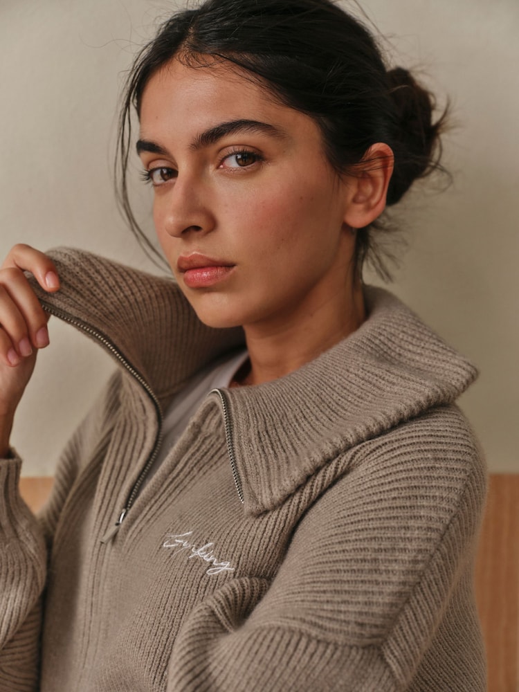 Gym King Cream Rib Knit Full Zip Funnel Jumper - Image 2 of 6 Gym King Cream Rib Knit Full Zip Funnel Jumper - Image 2 of 6