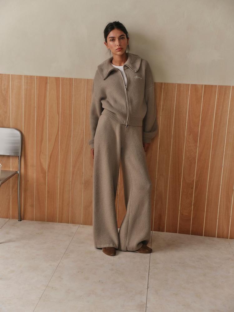 Gym King Cream Rib Knit Mid Rise Wide Leg Trousers - Image 1 of 6 Gym King Cream Rib Knit Mid Rise Wide Leg Trousers - Image 1 of 6
