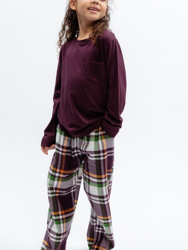 Cyberjammies Brown Jersey Top & Check Pyjamas Set - Image 2 of 4