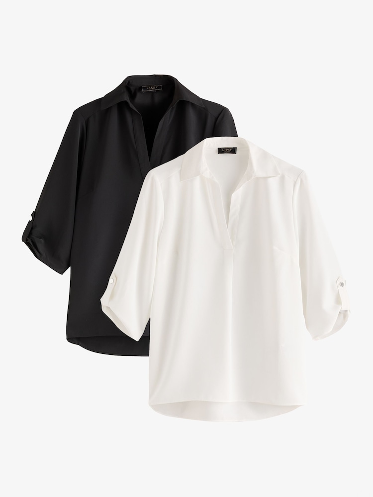 Lipsy Black/White V-Neck 3/4 Sleeve Collared Blouses 2 Pack - Image 1 of 1