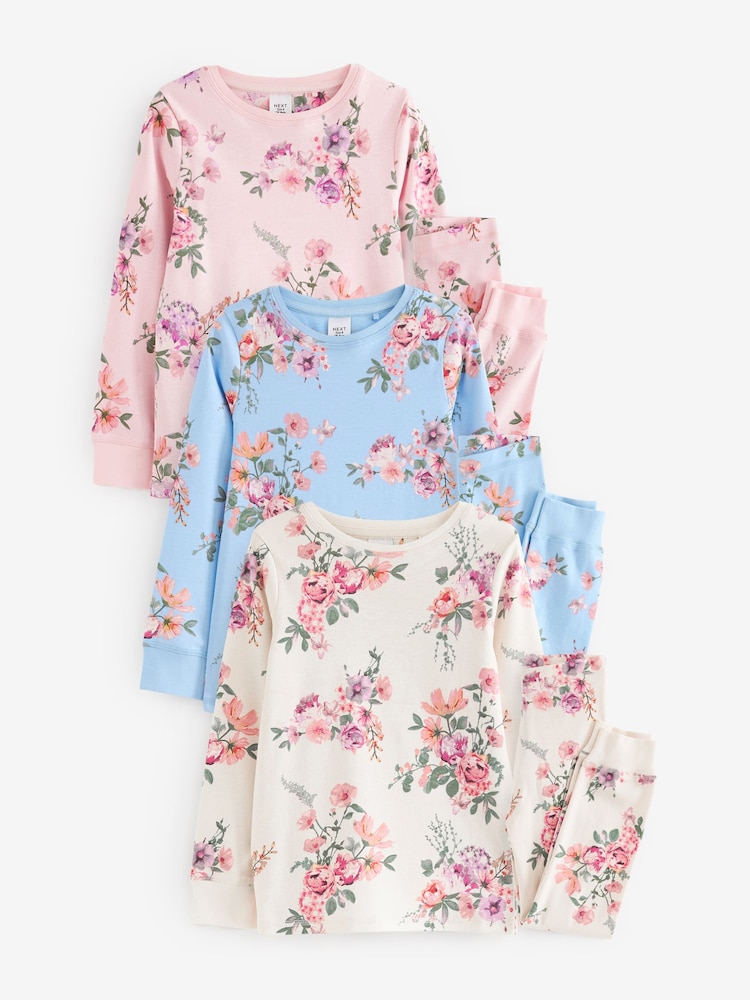 Neutral 100% Cotton Floral Pyjamas 3 Pack (9mths-16yrs) - Image 1 of 5