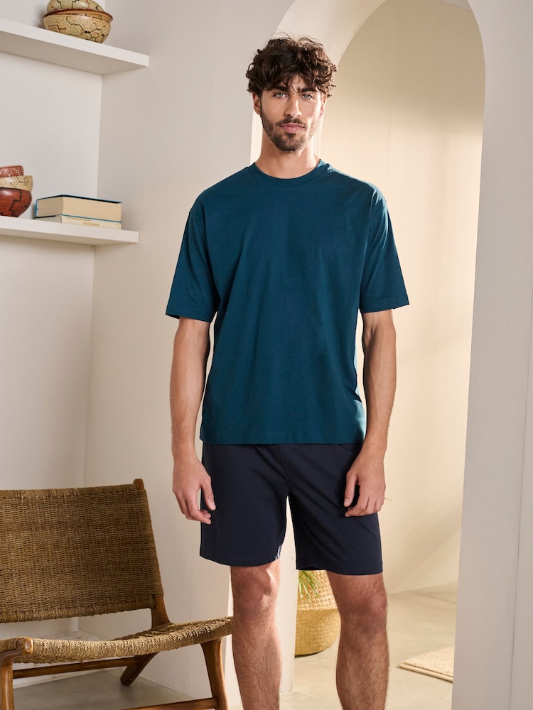 Navy Blue Relaxed Fit 100% Cotton Jersey Pyjama Shorts Set - Image 1 of 5