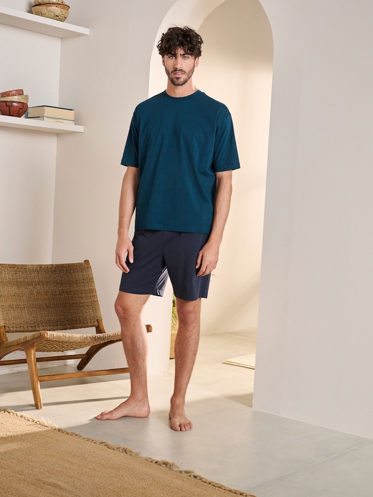 Navy Blue Relaxed Fit 100% Cotton Jersey Pyjama Shorts Set - Image 2 of 5