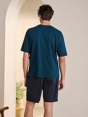 Navy Blue Relaxed Fit 100% Cotton Jersey Pyjama Shorts Set - Image 3 of 5