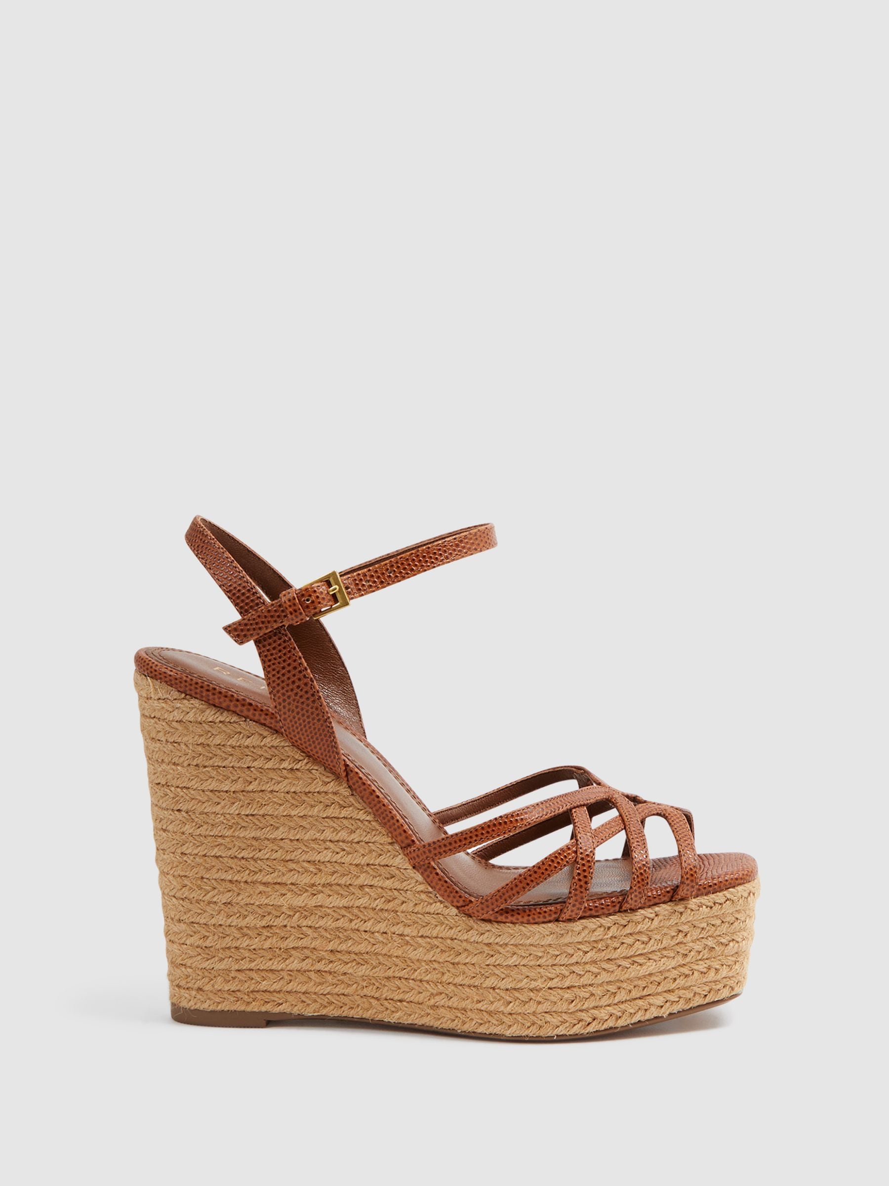 Buy Reiss Tan Elle Leather Raffia Platform Wedge Heels from Next Luxembourg