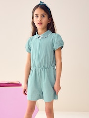 Green Zip Front Cotton Rich Gingham School Playsuit (3-14yrs) - Image 1 of 5