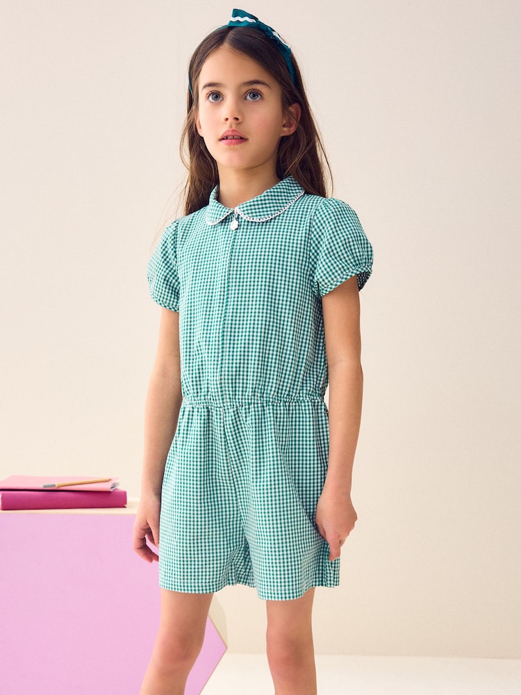 Green Zip Front Cotton Rich Gingham School Playsuit (3-14yrs) - Image 1 of 5