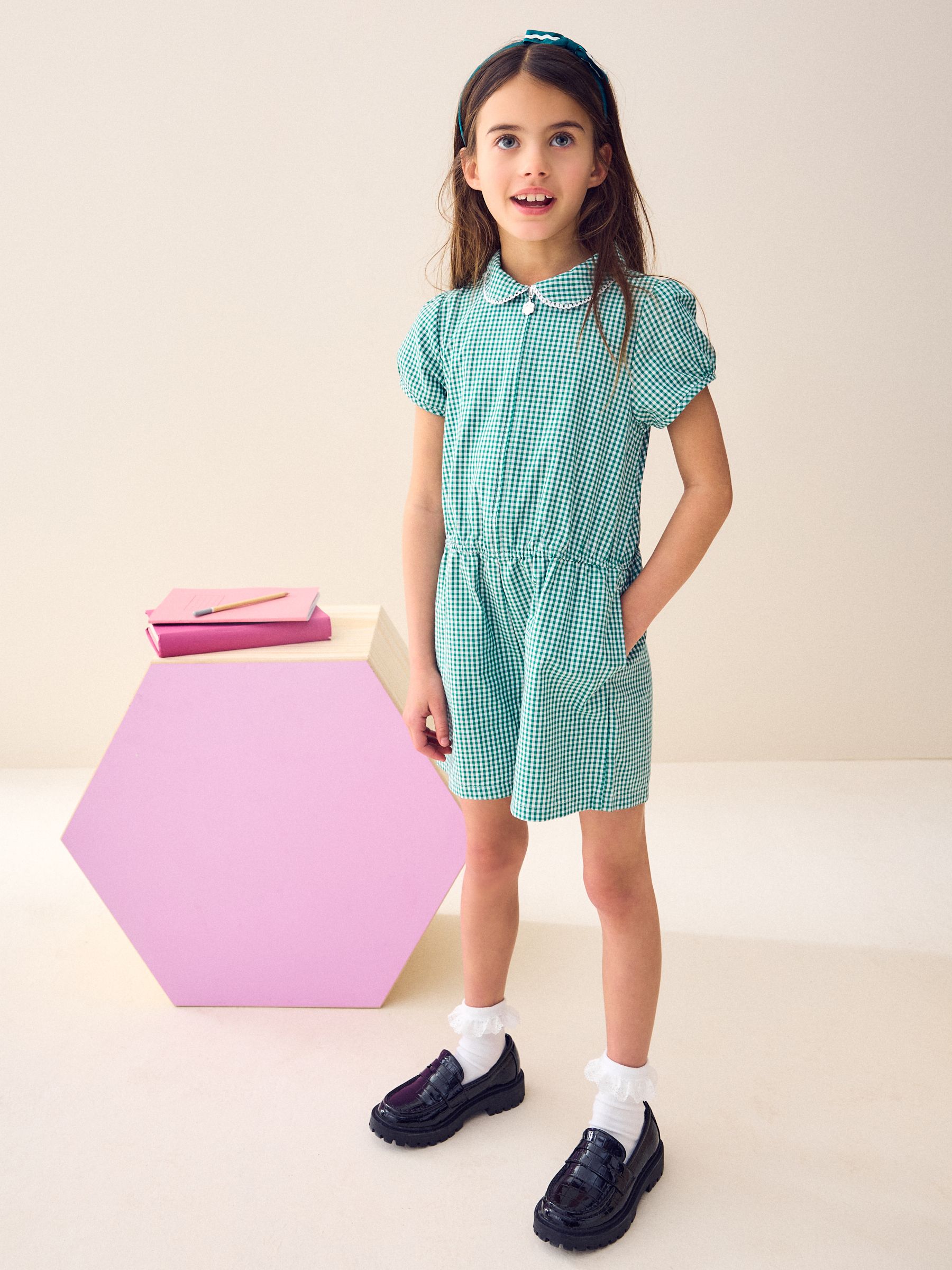 Buy Green Zip Front Cotton Rich Gingham School Playsuit 3 14yrs from the Next UK online shop