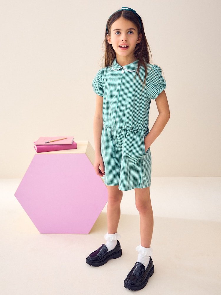 Green Zip Front Cotton Rich Gingham School Playsuit (3-14yrs) - Image 2 of 5